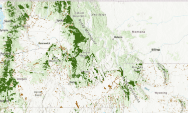 Idaho and nearby states, with dark green and brown signifying public land that could be privatized if the bill passes.